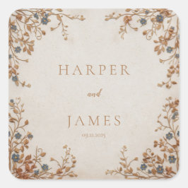 Blue Forgetmenot Gold Embroidery Cream Wedding スクエアシール