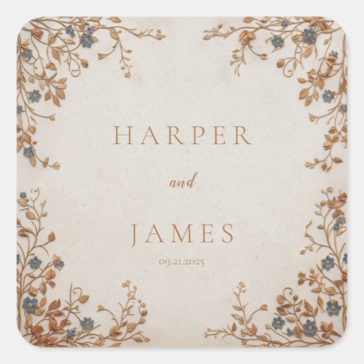 Blue Forgetmenot Gold Embroidery Cream Wedding スクエアシール (正面)
