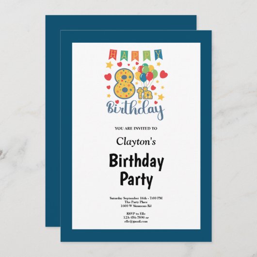 Blue Framed 8th Birthday Party招待状 招待状 (正面/裏面)