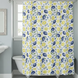 Blue French Country Lemon Pattern シャワーカーテン