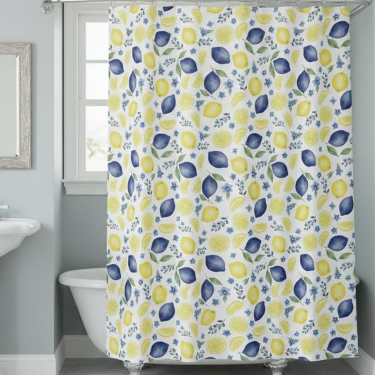 Blue French Country Lemon Pattern シャワーカーテン