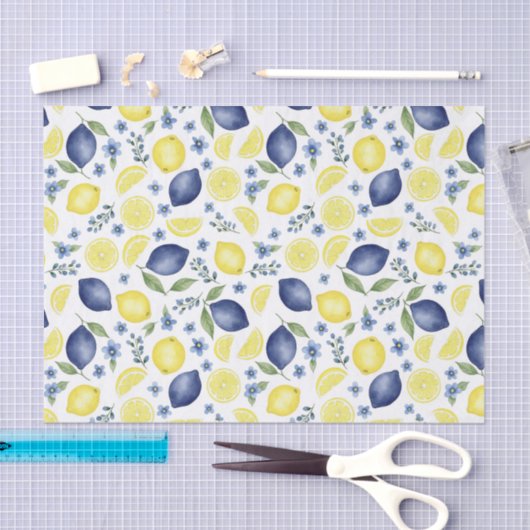 Blue French Country Lemon Pattern 薄葉紙 (クラフト)