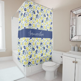 Blue French Country Lemon Pattern Monogram Name  シャワーカーテン