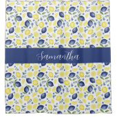 Blue French Country Lemon Pattern Monogram Name  シャワーカーテン (正面)