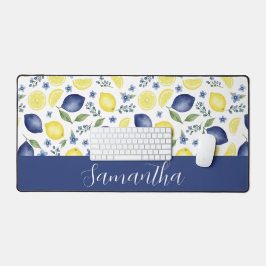 Blue French Country Lemon Pattern Monogram Name デスクマット (キーボード&マウス)