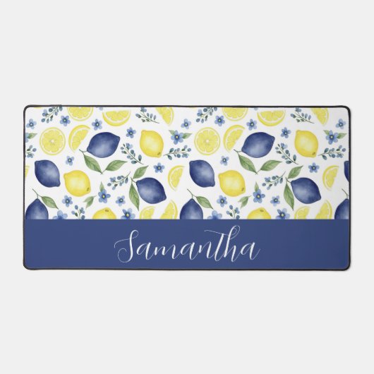 Blue French Country Lemon Pattern Monogram Name デスクマット (正面)