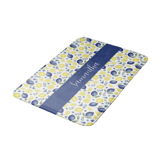 Blue French Country Lemon Pattern Monogram Name バスマット (アングル)