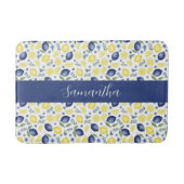 Blue French Country Lemon Pattern Monogram Name バスマット (正面)