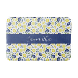 Blue French Country Lemon Pattern Monogram Name バスマット