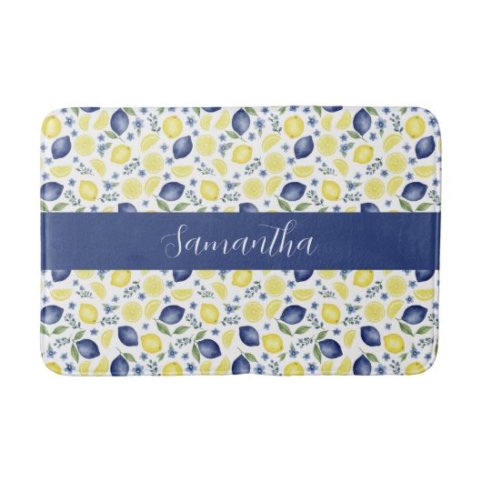 Blue French Country Lemon Pattern Monogram Name バスマット (正面)