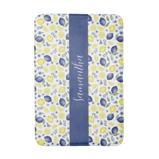 Blue French Country Lemon Pattern Monogram Name バスマット (正面縦)