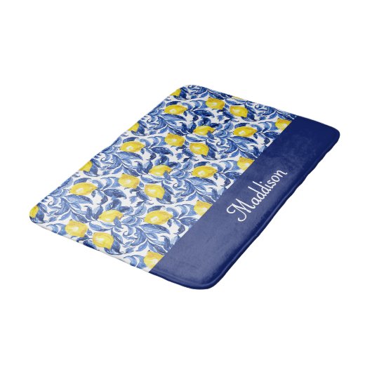 Blue French Country Lemon Pattern Monogram Name バスマット (アングル)