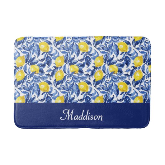 Blue French Country Lemon Pattern Monogram Name バスマット (正面)