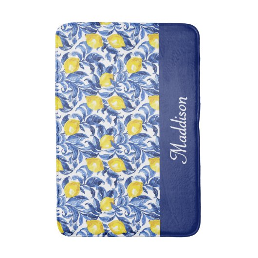 Blue French Country Lemon Pattern Monogram Name バスマット (正面縦)