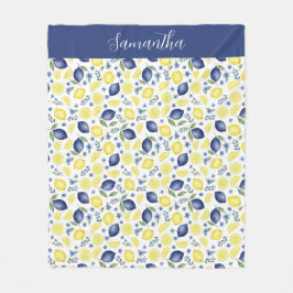 Blue French Country Lemon Pattern Monogram Name フリースブランケット