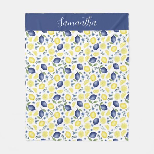 Blue French Country Lemon Pattern Monogram Name フリースブランケット (正面)