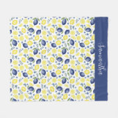 Blue French Country Lemon Pattern Monogram Name フリースブランケット (正面(横))