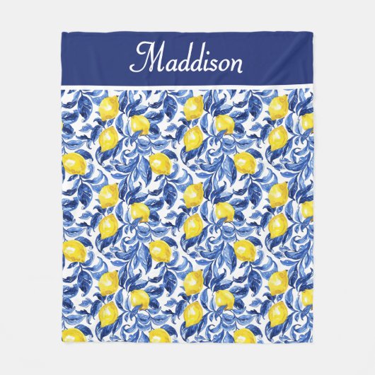 Blue French Country Lemon Pattern Monogram Name フリースブランケット (正面)