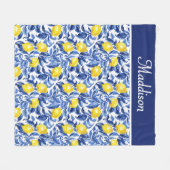 Blue French Country Lemon Pattern Monogram Name フリースブランケット (正面(横))