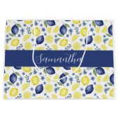 Blue French Country Lemon Pattern Monogram Name  ラージペーパーバッグ (正面)