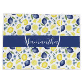 Blue French Country Lemon Pattern Monogram Name  ラージペーパーバッグ (裏面)