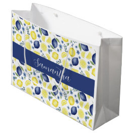 Blue French Country Lemon Pattern Monogram Name  ラージペーパーバッグ