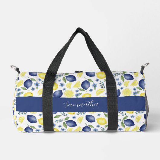 Blue French Country Lemon Pattern Name ダッフルバッグ (正面)