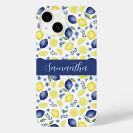 Blue French Country Lemon Pattern Name Case-Mate iPhone 14ケース