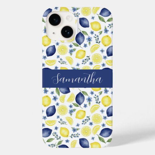 Blue French Country Lemon Pattern Name Case-Mate iPhoneケース (裏面)