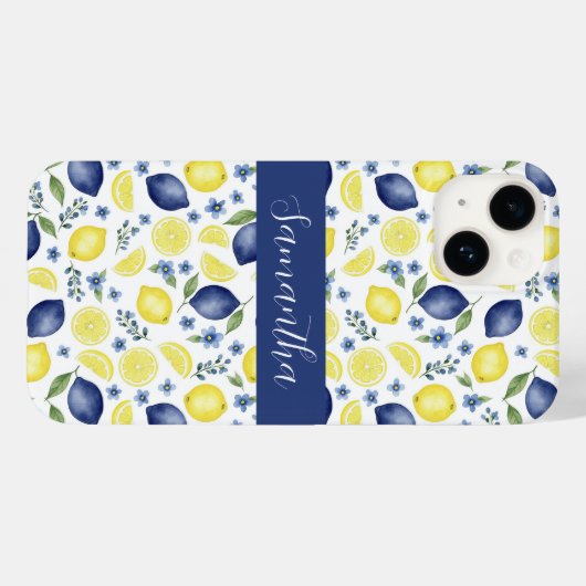 Blue French Country Lemon Pattern Name Case-Mate iPhoneケース (裏面 (横))