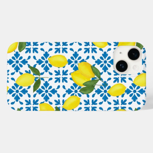 Blue French Country Tile Lemon Pattern  Case-Mate iPhoneケース (裏面 (横))