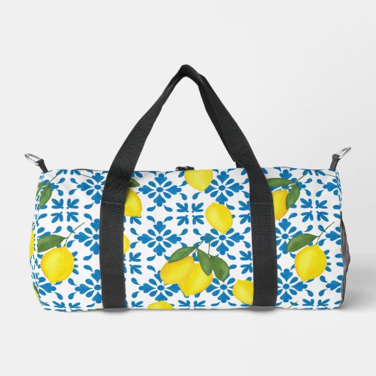 Blue French Country Tile Lemons Pattern ダッフルバッグ (正面)