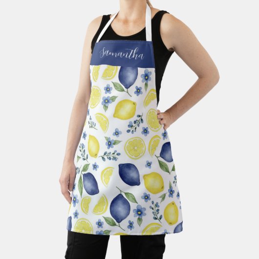 Blue French County Lemon Pattern Monogram Name エプロン (インサイチュ)