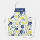 Blue French County Lemon Pattern Monogram Name エプロン (正面)