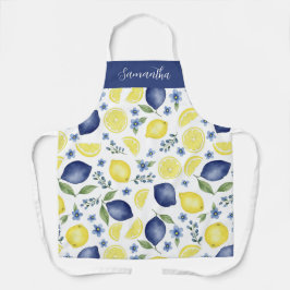Blue French County Lemon Pattern Monogram Name エプロン