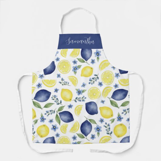 Blue French County Lemon Pattern Monogram Name エプロン (正面)