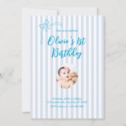 Blue French Personalized 1st Birthday Invitation 招待状 (正面)