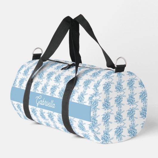 Blue French Toile Floral Pattern Name ダッフルバッグ (左コーナー)