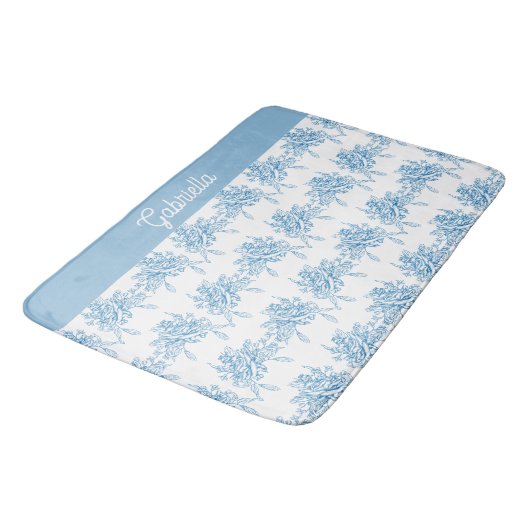 Blue French Toile Floral Pattern Name バスマット (アングル)