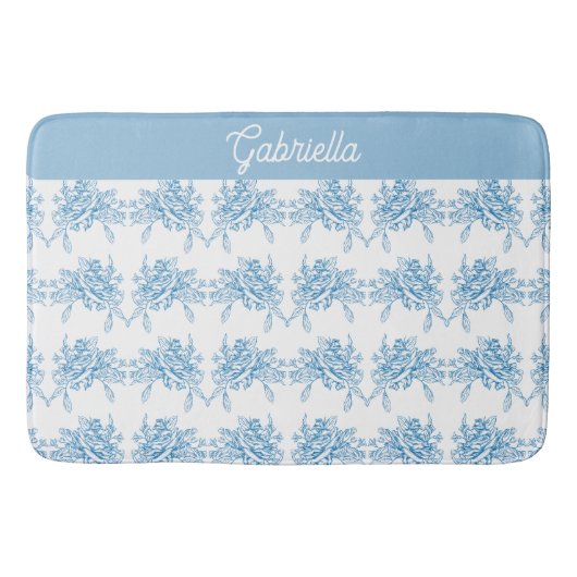 Blue French Toile Floral Pattern Name バスマット (正面)