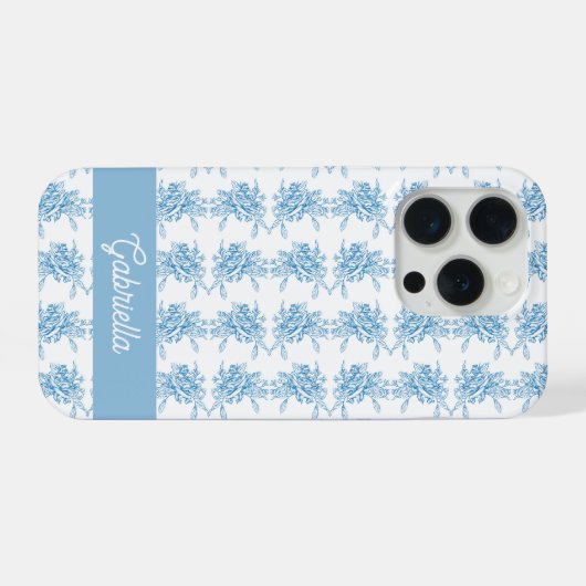 Blue French Toile Floral Pattern Name iPhoneケース (裏面横)