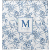 Blue French Toile Monogram シャワーカーテン (正面)