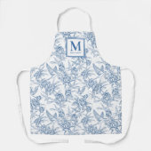 Blue French Toile Monogram Name エプロン (正面)
