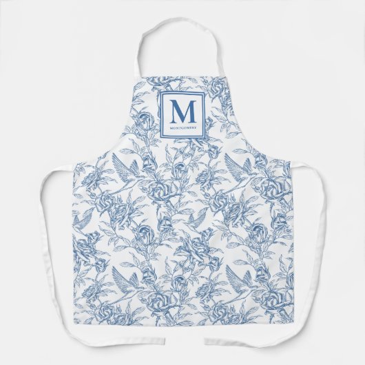 Blue French Toile Monogram Name エプロン (正面)