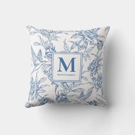 Blue French Toile Monogram Name クッション (裏面)