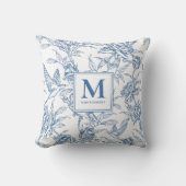 Blue French Toile Monogram Name クッション (正面)