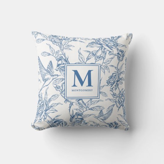 Blue French Toile Monogram Name クッション (正面)