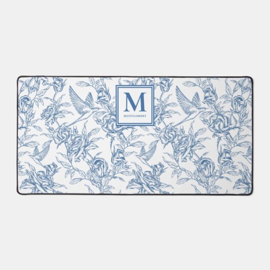 Blue French Toile Monogram Name デスクマット (正面)