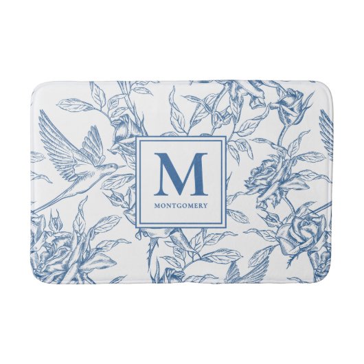 Blue French Toile Monogram Name バスマット (正面)