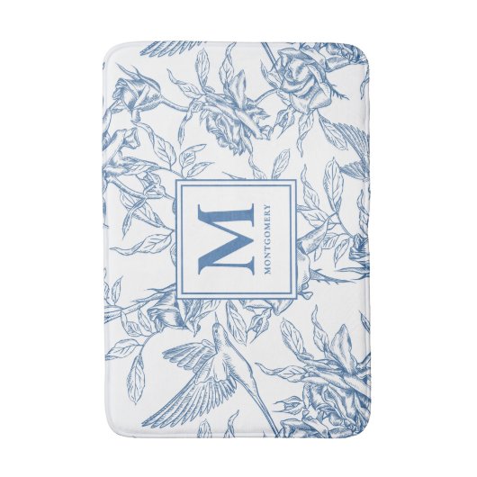 Blue French Toile Monogram Name バスマット (正面縦)
